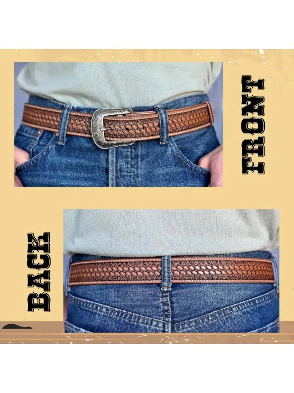 Handmade Full Grain Leather Western Belt for Men, Engraved Tooled Buckle, 1.5